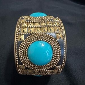 Gorgeous Turquoise, Gold, and Black Beaded Cuff Bracelet Rivets 2 5/8 “ opening